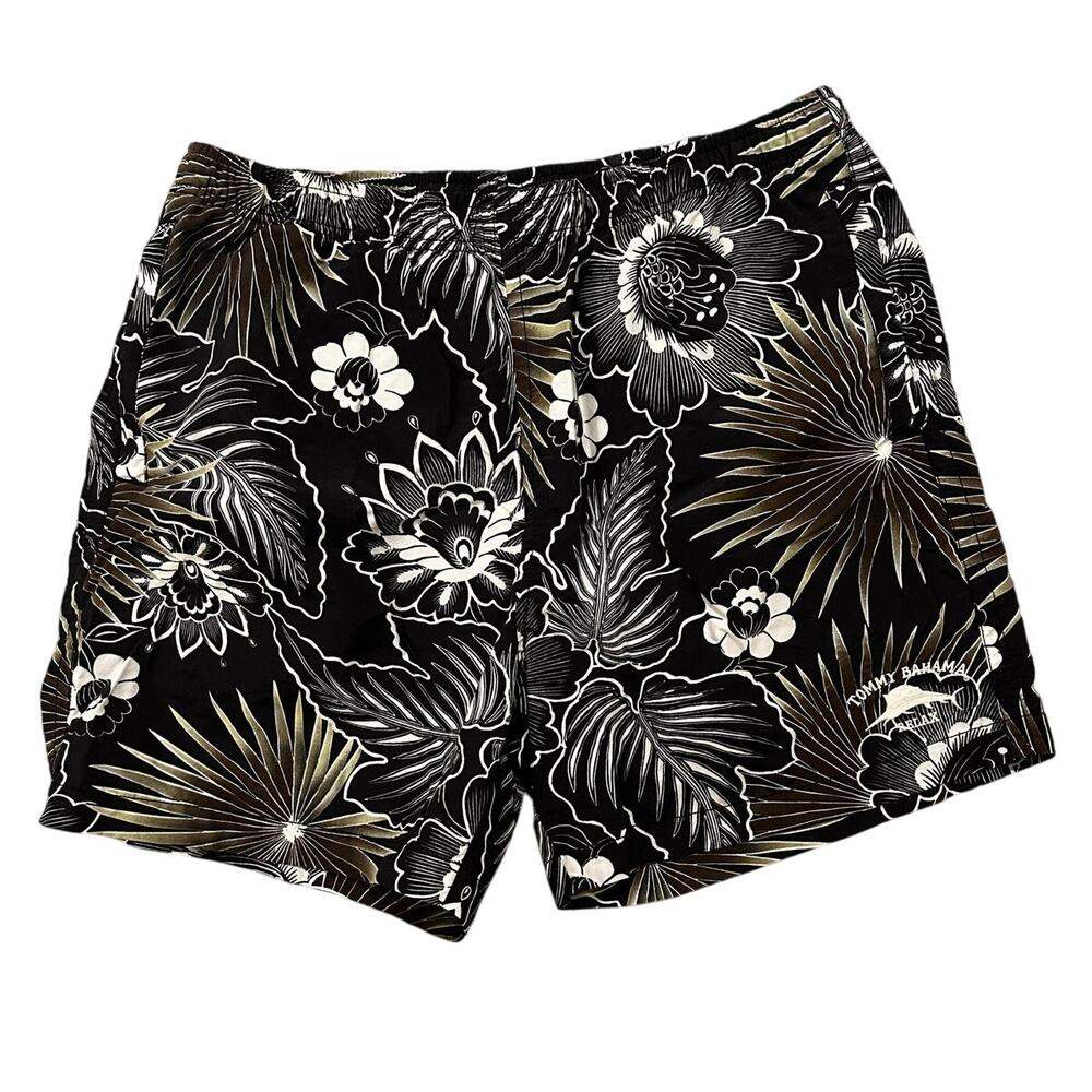 Tommy Bahama Relax Men's Black Floral Hawaiian Lined Swim Trunks Pockets, L
